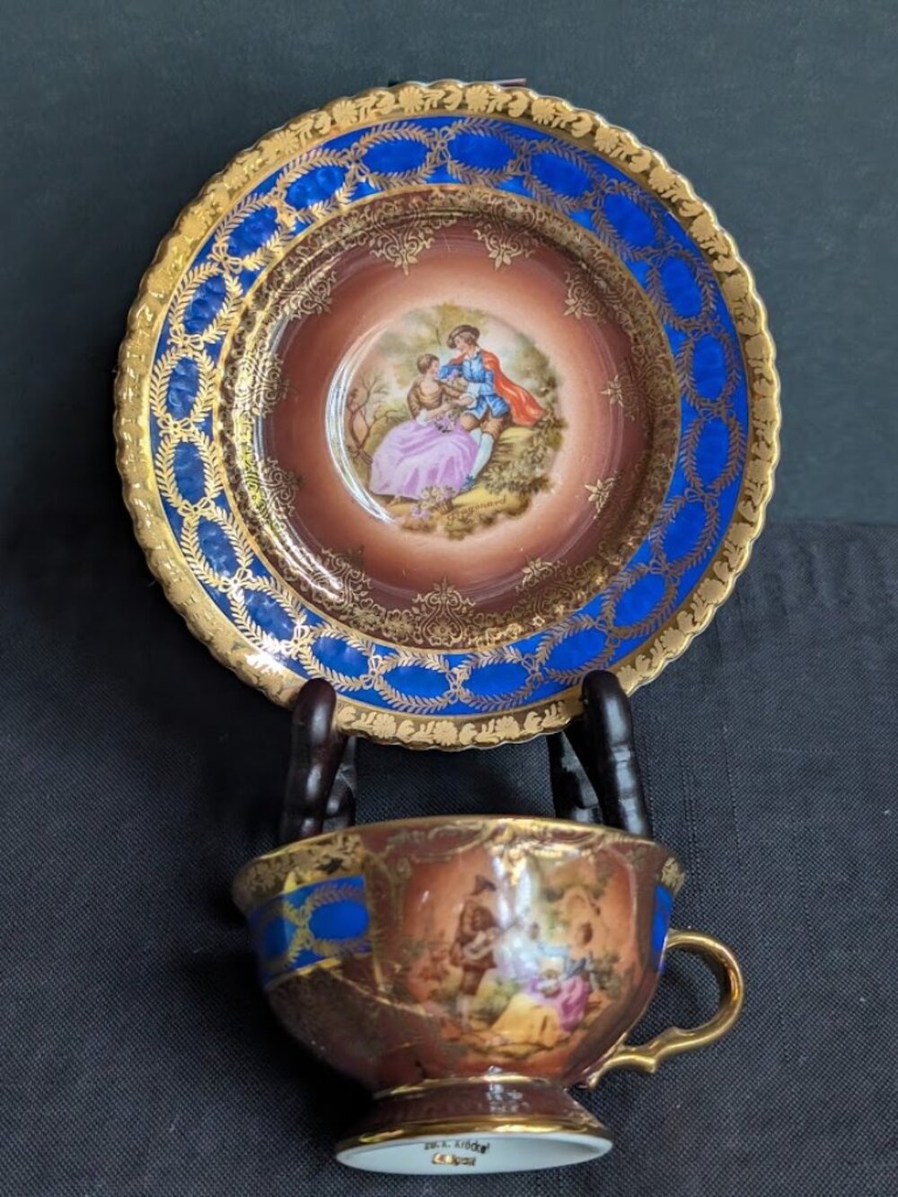 HUTSCHENREUTHER Selb Bavaria Germany Scenic Cobalt Gilt Porcelain Cup & Saucer